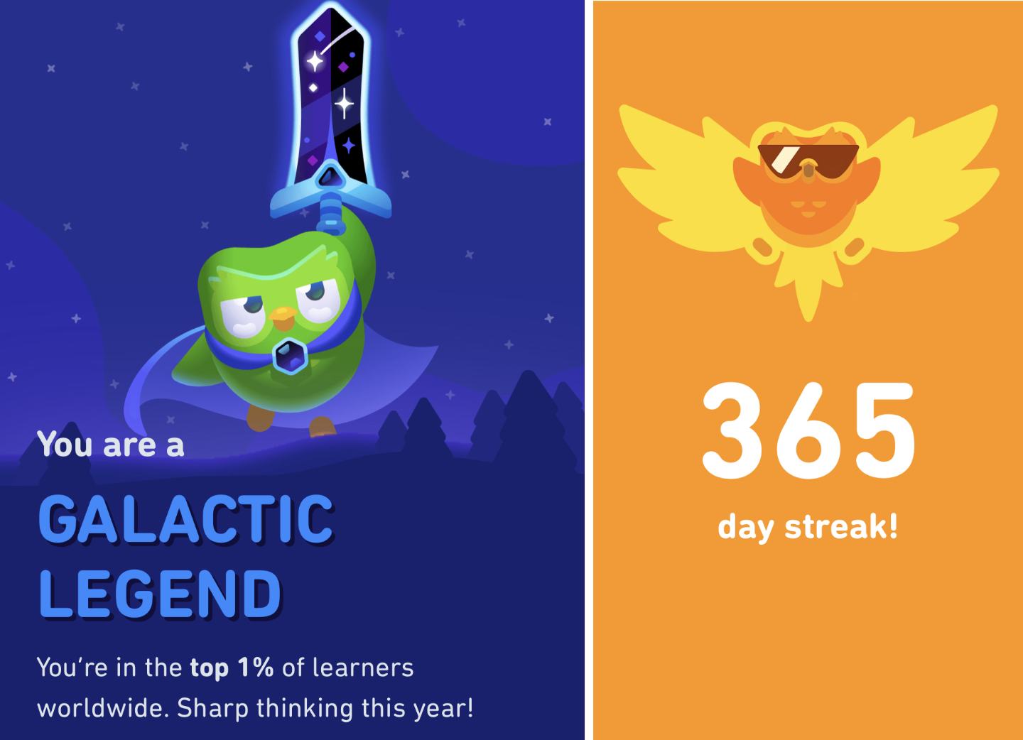 screenshot of the duolingo screenshot showing the 365 days streak and the galactic legend badge