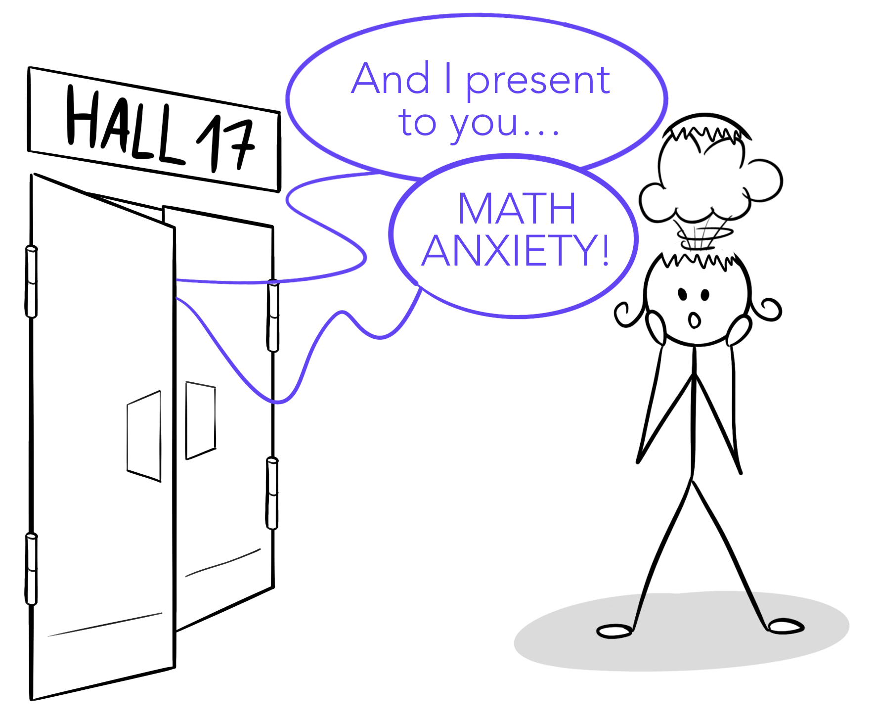 a doodle of venera walking in front a the hall of a conference where they are discussing math anxiety and her mind is blown away.