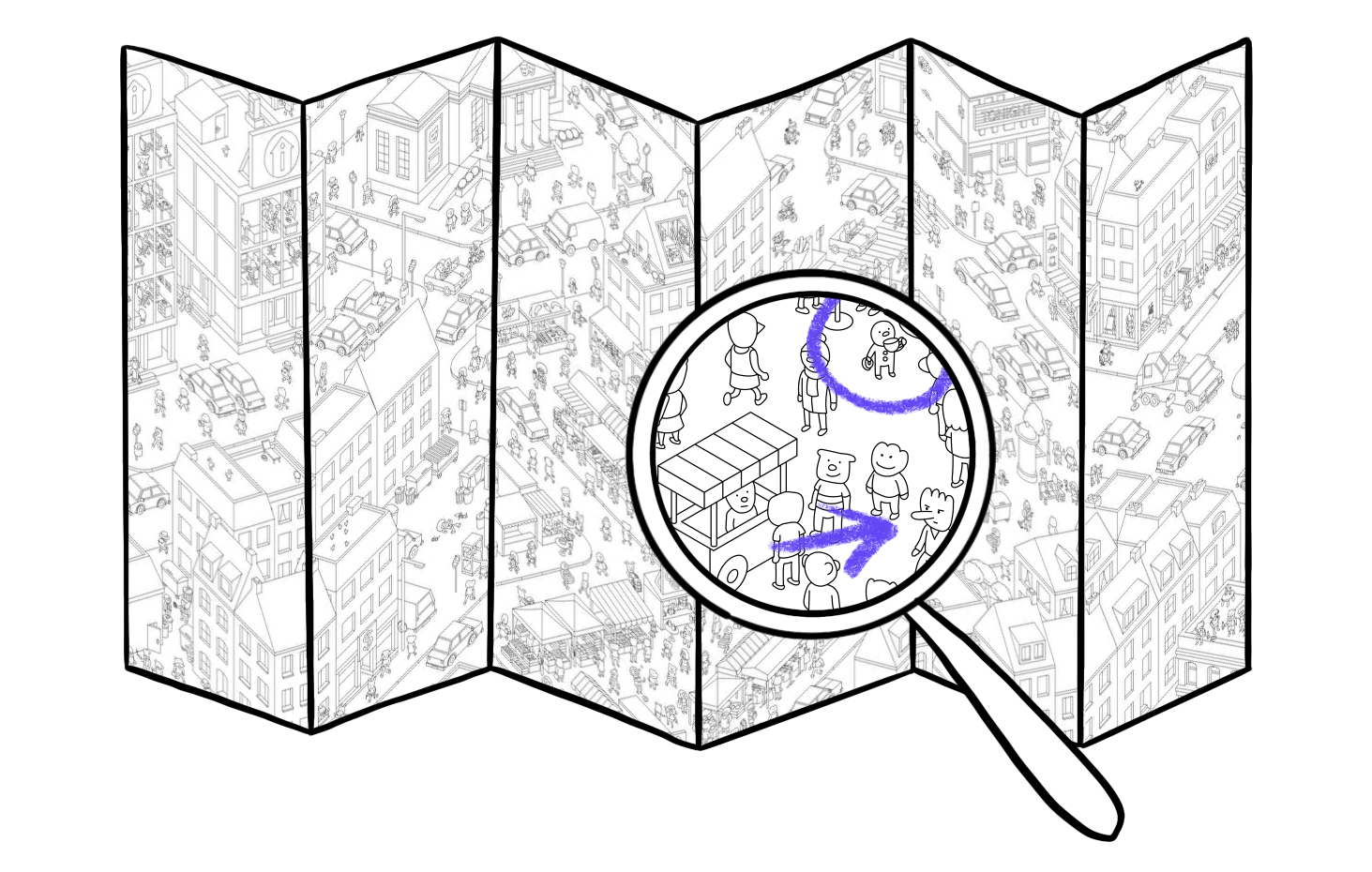 A map of a city, in black and white, in a doodle style. A magnifying glass on top of the maps shows a portion of the map. A toddler is circled. An arrow points at a long-nosed character.