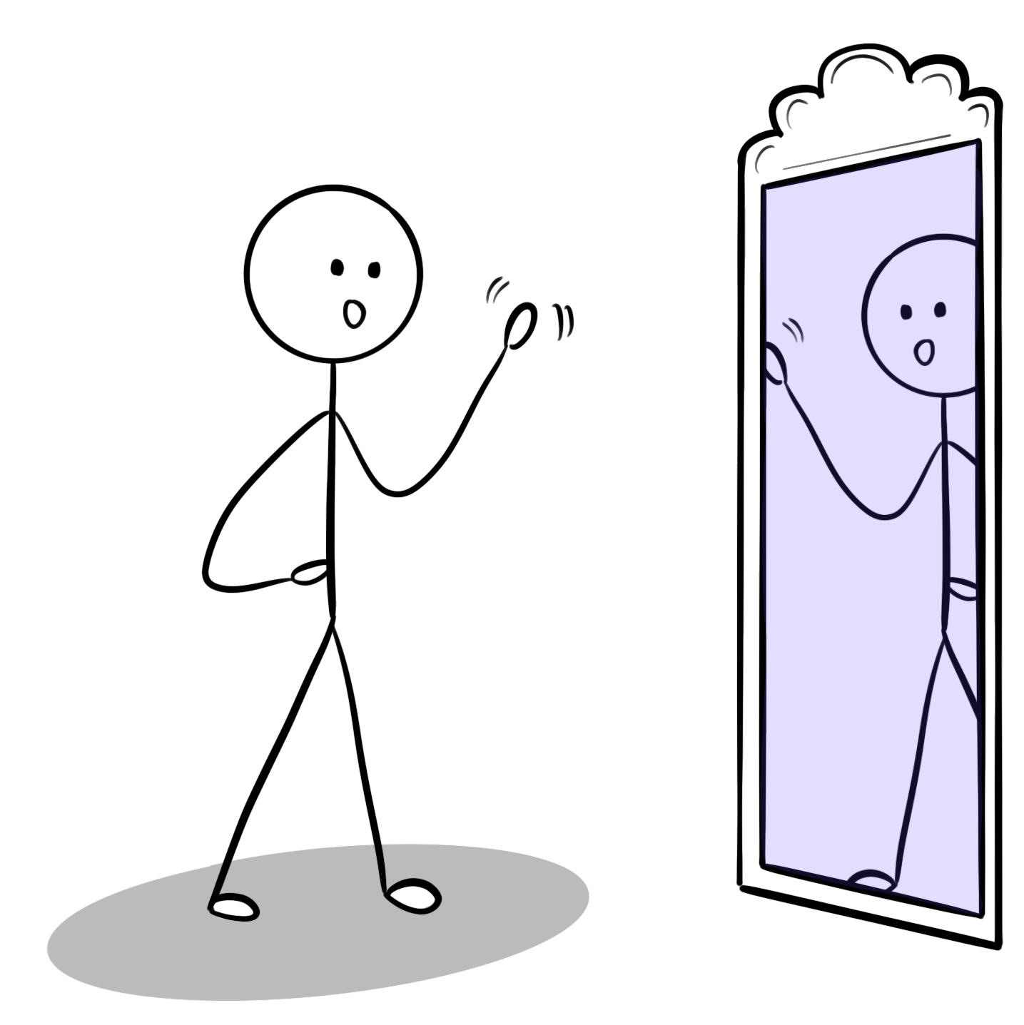 a character is looking at themselves in the mirror, waving at their body